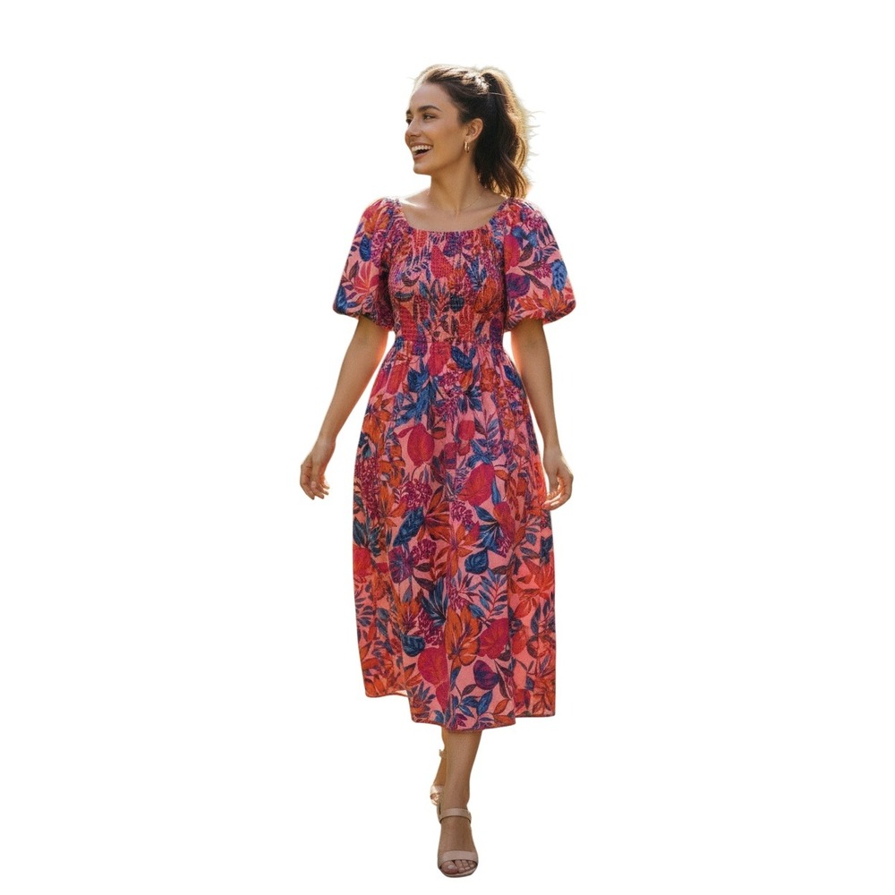 Terra & Sky Pink‎ Floral 100% Cotton Gauze Coastal Dress Fits S/M 15W